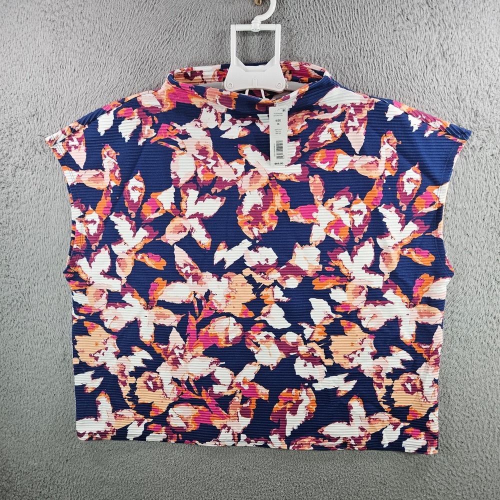 Investments Woman 3X Autumn Floral Mock Neck Pleated Sleeveless Top Navy Pink